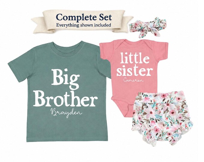 Complete SET - Big Brother Little Sister Matching Sibling Set. Baby Shower, Newborn Outfit, Name Announcement