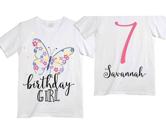 Personalized Butterfly SEVEN  Birthday Girl Shirt. Cake Smash Short Sleeve Birthday Shirt. 7th . Birthday Shirt