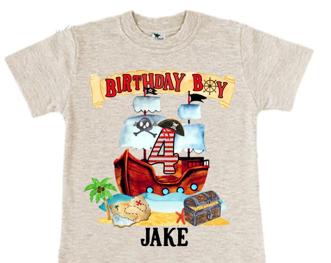 Personalized Pirate Ship FOUR  Raglan Pirate Ship theme Birthday Shirt. Arr matey. Ahoy Matey. Timber Me Shivers. 4th Pirate themed Party.