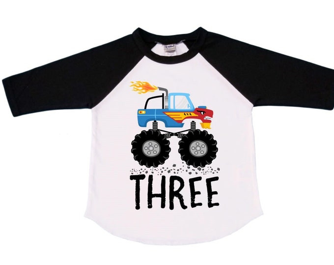 Monster Truck theme Birthday Shirt. THREE Birthday. Boy's Truck Birthday Shirt. Monster Truck Racing Birthday Shirt.