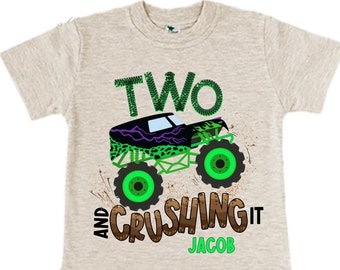 Personalized Monster Truck theme Birthday Shirt. Two Birthday. Boy's Truck Birthday Shirt. Monster Truck Racing Birthday Shirt.