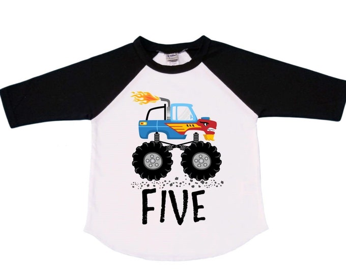 Monster Truck FIVE Raglan Monster Truck theme Birthday Shirt. Two Birthday. Boy's Racing Birthday Shirt. Monster Truck Birthday Shirt.