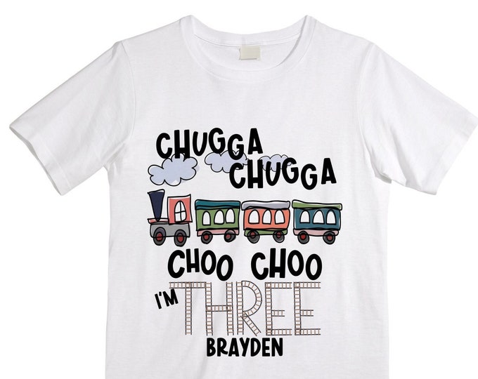 Personalized Choo Choo I'm 3 Train theme Birthday Shirt. Three Birthday. Boy's Train Birthday Shirt. Choo Choo Train Birthday Shirt.