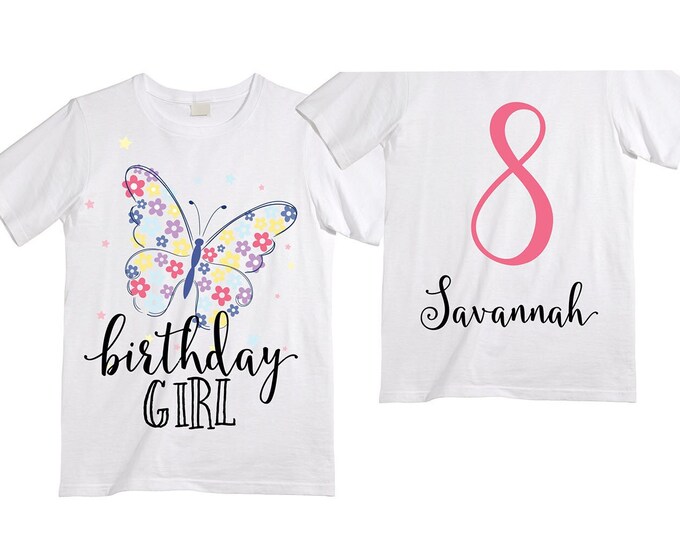 Personalized Butterfly EIGHT Birthday Girl Shirt. Cake Smash Short Sleeve Birthday Shirt. 8th . Birthday Shirt