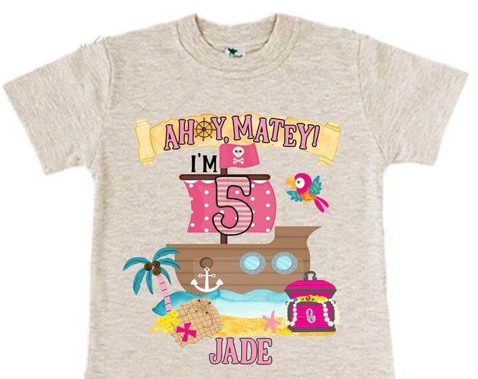 Personalized Pirate Rainbow FIVE Birthday Girl Shirt. Ahoy Matey, Arrgh, Arr Matey. Shiver Me Timbers Pirate 5th Birthday Shirt