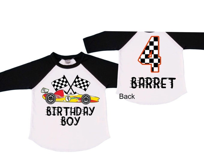 Personalized RaceCar FOUR  Raglan Race Car theme Birthday Shirt. FOUR Birthday. Boy's Racing Birthday . Racecar Birthday