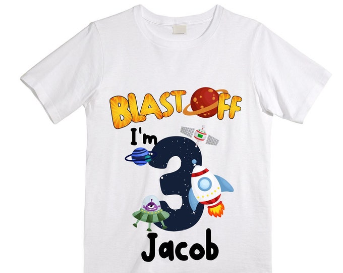 Personalized Space Birthday THREE Astronaut theme Birthday Shirt. THREE Birthday. Boy's Birthday Shirt. Spaceship Space ship Birthday Shirt.