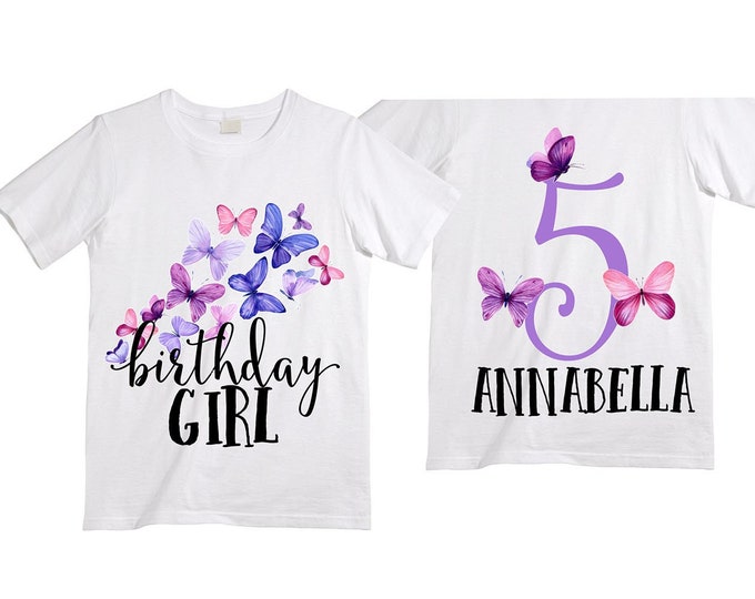 Personalized Butterfly FIVE Birthday Girl Shirt. Cake Smash Short Sleeve Birthday Shirt. 5th . Birthday Shirt