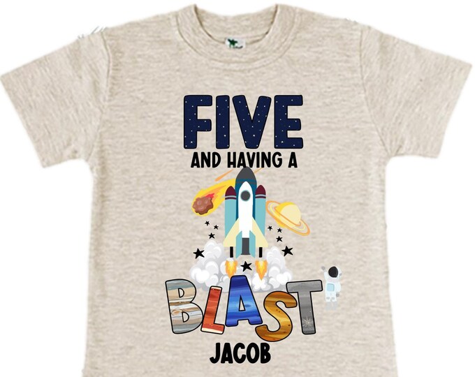 Personalized Space Birthday FIVE Astronaut theme Birthday Shirt. 5th Birthday. Boy's Birthday Shirt. Spaceship Space ship Birthday Shirt.