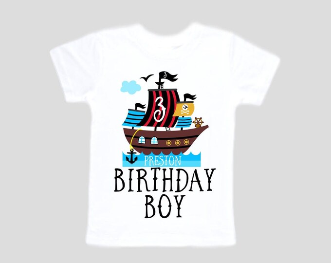 Personalized Pirate Ship theme Birthday Shirt. THREE Birthday. Boy's Pirate Birthday Shirt. Pirate Ship Birthday Shirt.