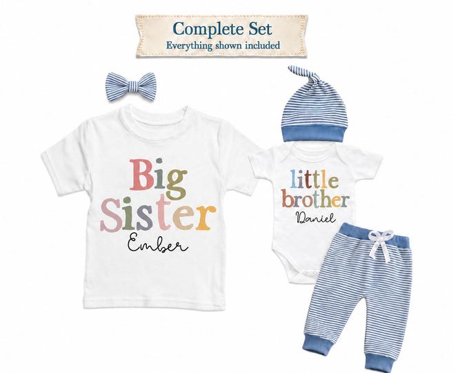 Complete SET - Big Sister Little Brother Matching Sibling Set, Baby Shower Gift, Newborn Baby Pregnancy Announcement