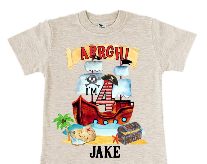 Personalized Pirate Ship FOUR  Raglan Pirate Ship theme Birthday Shirt. Arr matey. Ahoy Matey. Timber Me Shivers. 4th Pirate themed Party.