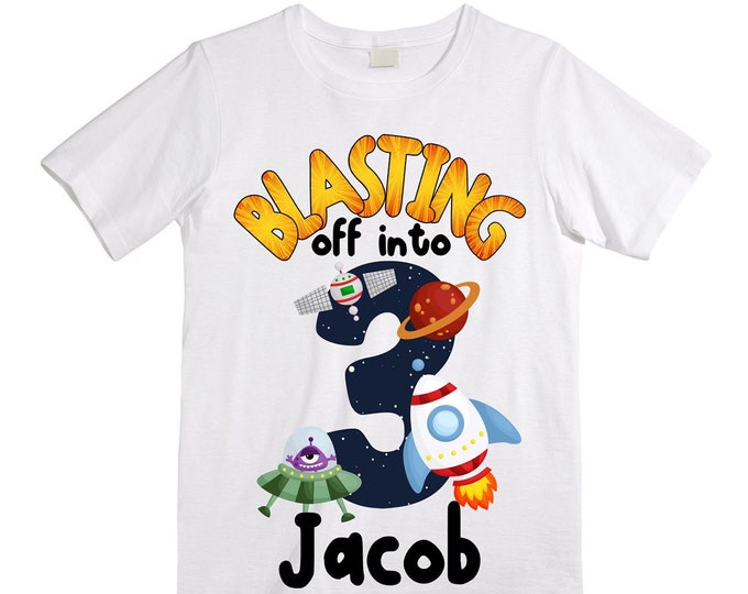 Personalized Space Birthday THREE Astronaut theme Birthday Shirt. THREE Birthday. Boy's Birthday Shirt. Spaceship Space ship Birthday Shirt.