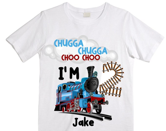 Personalized Choo Choo I'm 2 Train theme Birthday Shirt. Two Birthday. Boy's Train Birthday Shirt. Choo Choo Train Birthday Shirt.