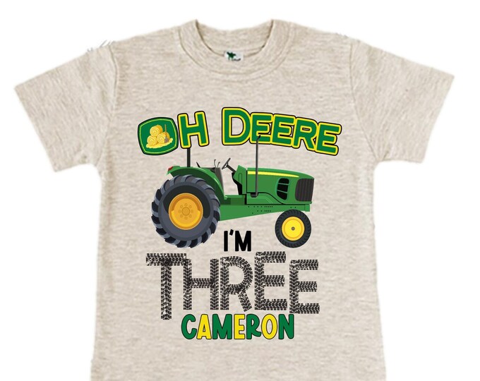 Personalized Tractor theme Birthday Shirt. THREE Birthday. Boy's Truck Birthday Shirt. Tractor Racing Birthday Shirt.