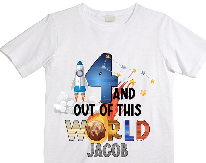 Personalized Space Birthday FOUR Astronaut theme Birthday Shirt. FOUR Birthday. Boy's Birthday Shirt. Spaceship Space ship Birthday Shirt.