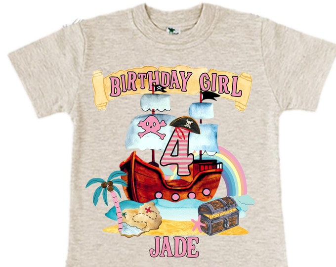 Personalized Pirate Ship Rainbow Four Birthday Girl Shirt. Ahoy Matey, Arrgh, Arr Matey. Shiver Me Timbers Pirate Themed 4th Birthday