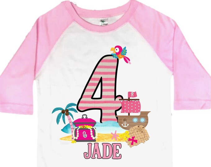 Personalized Pirate Ship Rainbow Four Birthday Girl Shirt. Ahoy Matey, Arrgh, Arr Matey. Shiver Me Timbers Pirate Themed 4th Birthday