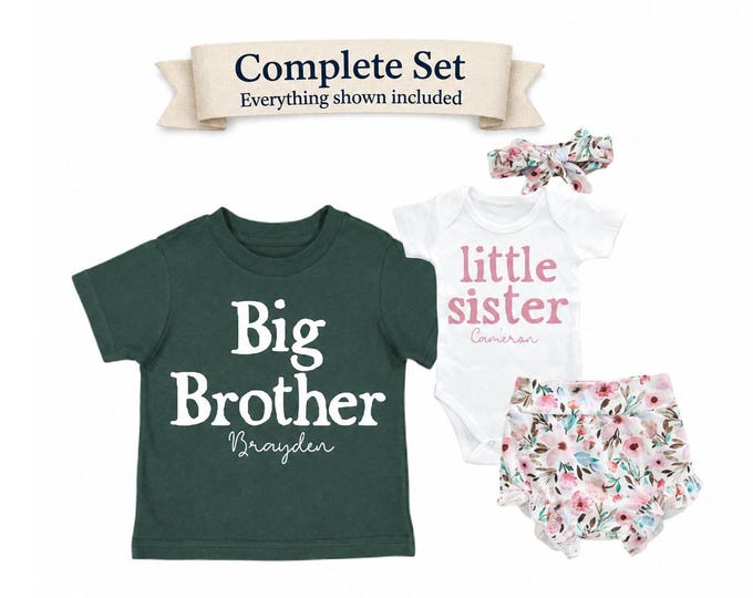 Complete SET - Big Brother Little Sister Matching Sibling Set. Baby Shower, Newborn Outfit, Name Announcement