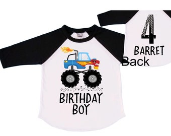 Personalized Monster Truck FOUR  Raglan Monster Truck theme Birthday Shirt. Two Birthday. Boy's Racing Birthday . Monster Truck Birthday .