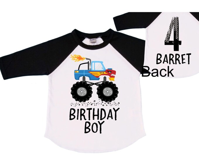 Personalized Monster Truck FOUR  Raglan Monster Truck theme Birthday Shirt. Two Birthday. Boy's Racing Birthday . Monster Truck Birthday .