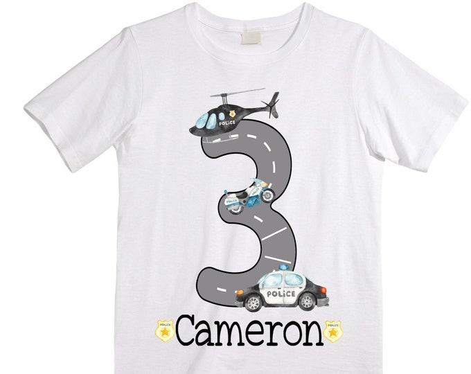 Personalized Hands Up! I'm 3 Police theme Birthday Shirt. THREE Birthday. Boy's Truck Birthday Shirt. Police Car Birthday Shirt.