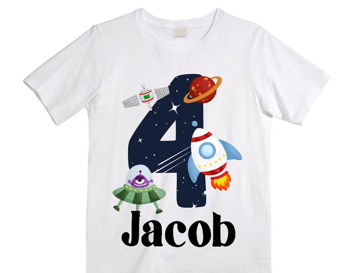 Personalized Space Birthday FOUR Astronaut theme Birthday Shirt. FOUR Birthday. Boy's Birthday Shirt. Spaceship Space ship Birthday Shirt.
