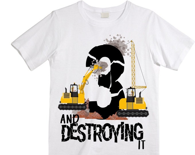 Personalized 3 Digger Construction theme Birthday Shirt. THREE Birthday. Boy's Dump Truck Birthday Shirt.