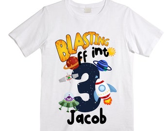 Personalized Space Birthday THREE Astronaut theme Birthday Shirt. THREE Birthday. Boy's Birthday Shirt. Spaceship Space ship Birthday Shirt.