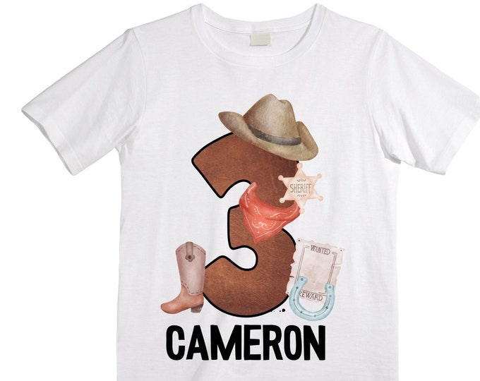 Personalized Farm / Wild West / Western / Cowboy theme Birthday Shirt. THREE Birthday. Boy's Tractor Birthday Shirt. Farm Birthday Shirt.