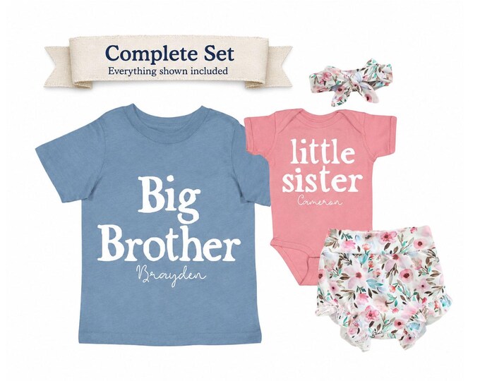 Complete SET - Big Brother Little Sister Matching Sibling Set. Baby Shower, Newborn Outfit, Name Announcement