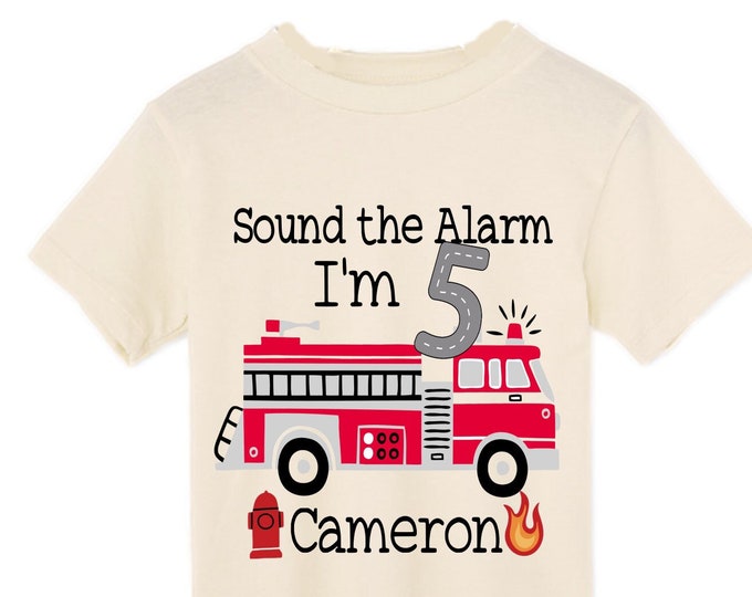 Personalized Sound the Alarm I'm 5 Fire Truck Truck FIVE Raglan Monster Truck theme Birthday Shirt. FIVE Birthday. FireTruck Birthday .