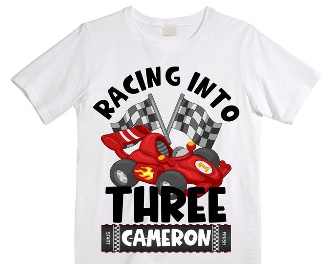 Personalized RaceCar theme Birthday Shirt. THREE Birthday. Boy's Racecar Birthday Shirt. Race Car Racing Birthday Shirt.