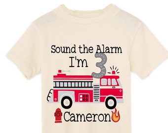 Personalized Sound the Alarm I'm 3 Fire Truck theme Birthday Shirt. THREE Birthday. Boy's Truck Birthday Shirt. Fire Truck Birthday Shirt.