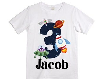 Personalized Space Birthday THREE Astronaut theme Birthday Shirt. THREE Birthday. Boy's Birthday Shirt. Spaceship Space ship Birthday Shirt.