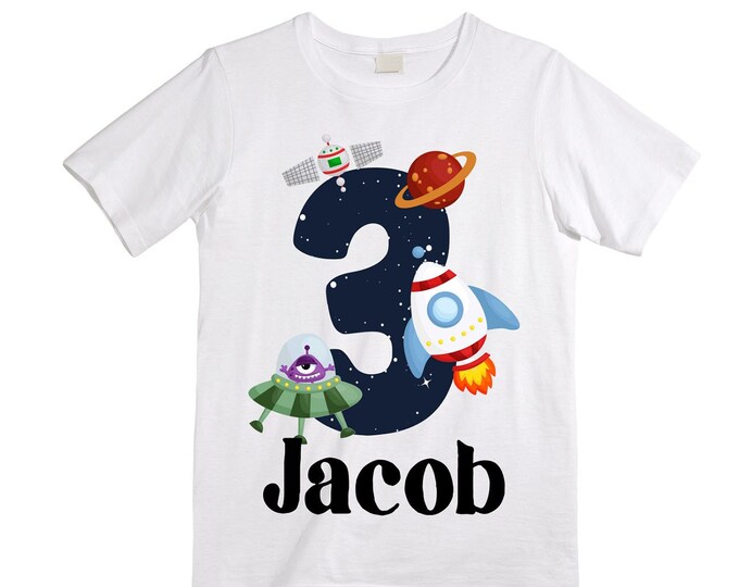 Personalized Space Birthday THREE Astronaut theme Birthday Shirt. THREE Birthday. Boy's Birthday Shirt. Spaceship Space ship Birthday Shirt.