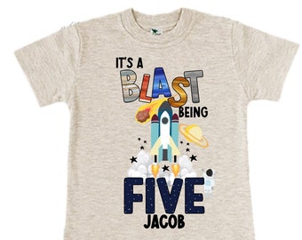 Personalized Space Birthday FIVE Astronaut theme Birthday Shirt. 5th Birthday. Boy's Birthday Shirt. Spaceship Space ship Birthday Shirt.