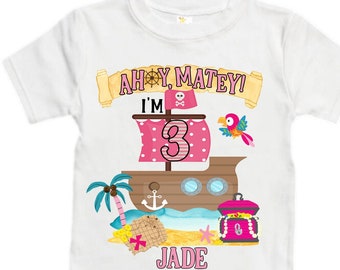 Personalized Pirate Ship Rainbow Three Girl Birthday Shirt. Pirate. Ahoy Matey, Arr Matey, Arrgh, Shiver Me Timbers Birthday Shirt. 3rd