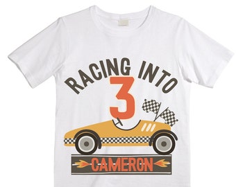 Personalized RaceCar theme Birthday Shirt. THREE Birthday. Boy's Racecar Birthday Shirt. Race Car Racing Birthday Shirt.