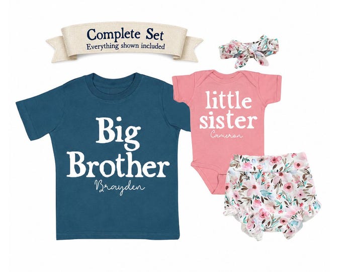Complete SET - Big Brother Little Sister Matching Sibling Set. Baby Shower, Newborn Outfit, Name Announcement