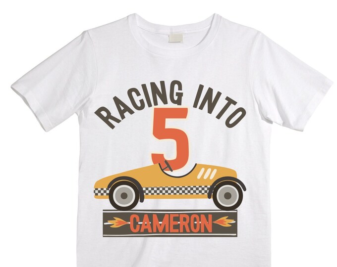 Personalized Racecar theme Birthday Shirt. FIVE Birthday. Boy's Racing Birthday . Race Car Themed Birthday Shirt