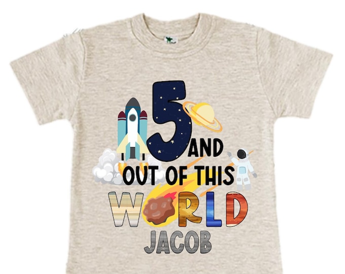 Personalized Space Birthday FIVE Astronaut theme Birthday Shirt. 5th Birthday. Boy's Birthday Shirt. Spaceship Space ship Birthday Shirt.