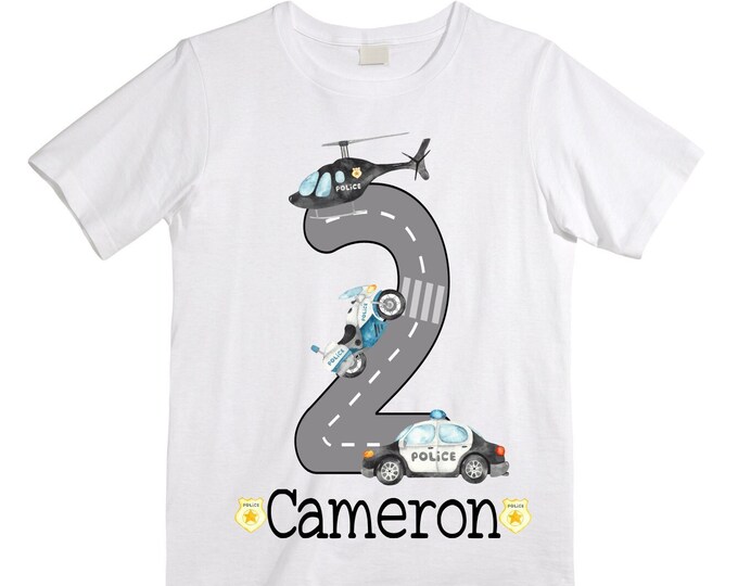 Personalized  2 Police Themed Birthday Shirt. Two Birthday. Boy's Police Car Birthday Shirt. Police Birthday Shirt.
