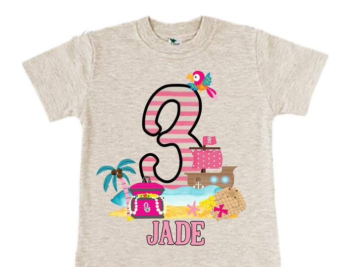 Personalized Pirate Ship Rainbow Three Girl Birthday Shirt. Pirate. Ahoy Matey, Arr Matey, Arrgh, Shiver Me Timbers Birthday Shirt. 3rd