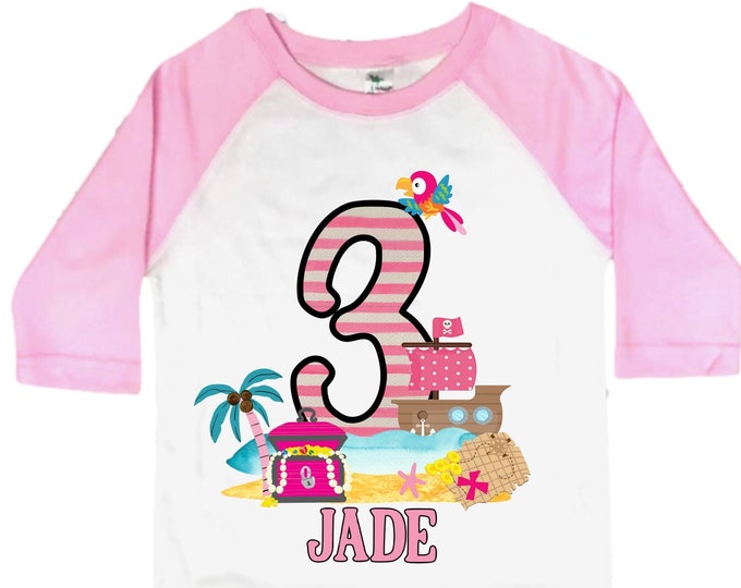 Personalized Pirate Ship Rainbow Three Girl Birthday Shirt. Pirate. Ahoy Matey, Arr Matey, Arrgh, Shiver Me Timbers Birthday Shirt. 3rd