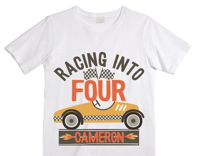 Personalized RaceCar FOUR  Race Car theme Birthday Shirt. FOUR Birthday. Boy's Racing Birthday . Racecar Birthday