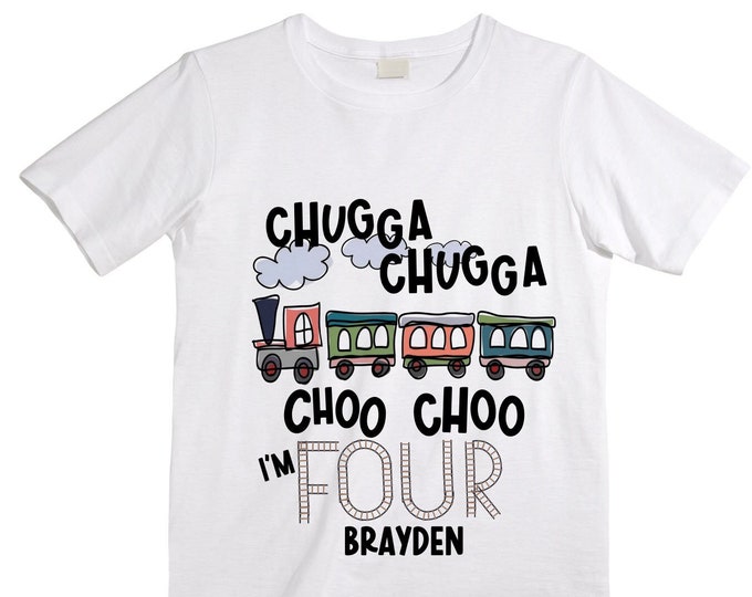 Personalized Choo Choo I'm 4 Train theme Birthday Shirt. Four Birthday. Boy's Train Birthday Shirt. Choo Choo Train Birthday Shirt.