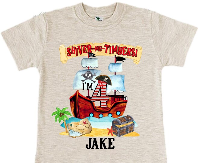 Personalized Pirate Ship FOUR  Raglan Pirate Ship theme Birthday Shirt. Arr matey. Ahoy Matey. Timber Me Shivers. 4th Pirate themed Party.