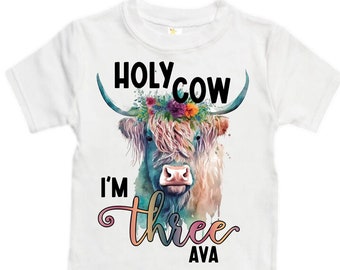 Personalized Holy Cow I'm THREE Safari Rainbow Themed Birthday Shirt. Birthday Shirt. THIRD Birthday Shirt. Farm Barn Birthday. Highland Cow