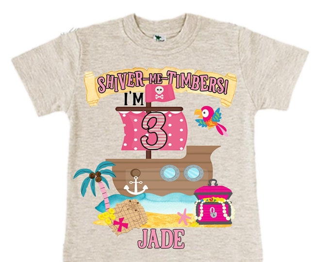 Personalized Pirate Ship Rainbow Three Girl Birthday Shirt. Pirate. Ahoy Matey, Arr Matey, Arrgh, Shiver Me Timbers Birthday Shirt. 3rd